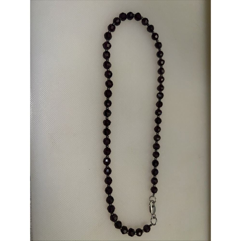 Vintage Ruby Red Faceted Glass Bead Necklace Sterling Silver Clasp Czech Style